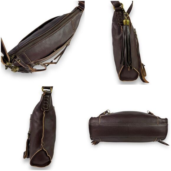 Lucky Brand Vintage Crossbody Hobo Shoulder Bag Tassels Brown Leather Western - Picture 6 of 14